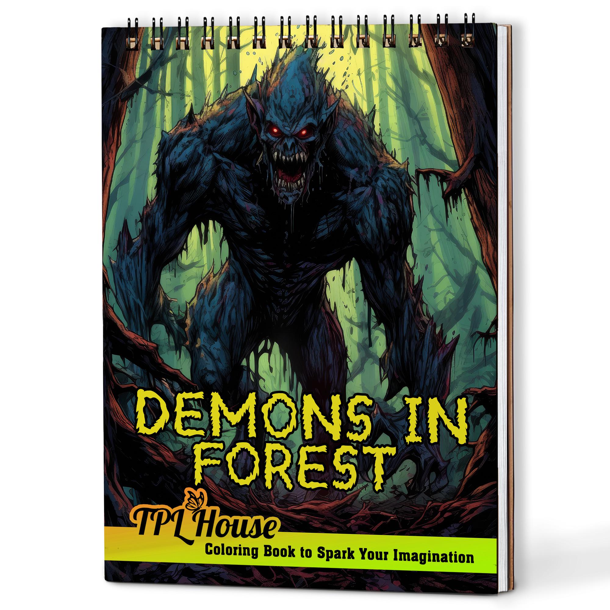 Demons In Forest Coloring Book, Handmade Wooden Cover or Paper Cover, Spiral Bound