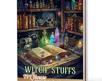 May include: A spiral-bound coloring book titled "Witch Stuffs" with a detailed illustration of a witch's study. The image features a black cat, open books, potion bottles, crystals, and a skull. The text "Coloring Book to Spark Your Imagination" is also visible.