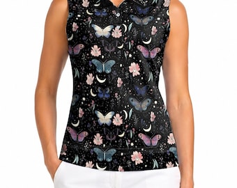 Butterfly Moon Golf Polo Shirt, Women Sleeveless Celestial Polo, Black Floral Butterfly Shirt, Tennis Pickleball Top