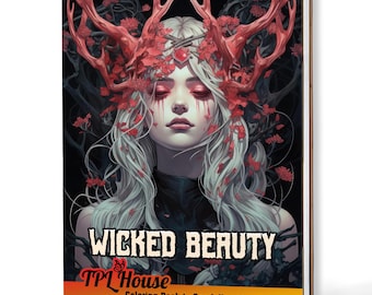 May include: Spiral-bound coloring book titled "Wicked Beauty." The cover features a fantasy illustration of a woman with white hair, red accents, and a floral crown. The book is from TPL House and is designed to spark imagination.