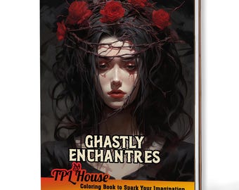 May include: A spiral-bound coloring book titled "Ghastly Enchantress." The cover features a gothic illustration of a woman with long black hair, a crown of thorns and red roses. The book's title is in large, bold letters.