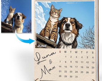 Custom Pet Photo Calendar 2026-2027, Personalized Dog Cat Coloring Photo Calendar, Pet Lover Gift, Custom Name Gift for Animal Lovers