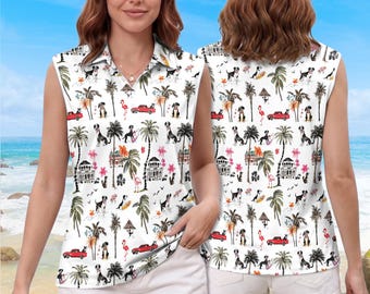 Beach Dog Golf Polo Shirt, Women Sleeveless Golf Shirt, Tropical Palm Tree Polo, Coastal Golf Shirt, Summer Vacation Polo