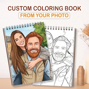 May include: Two spiral-bound coloring books. One is a color illustration of a couple, the other is a black and white outline of the same image. The text "CUSTOM COLORING BOOK FROM YOUR PHOTO" is at the top.