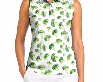 Brokkoli Golf Poloshirt, Ärmelloses Golf Shirt für Frauen, niedliches Gemüse Print Polo, Gesunde Ernährung Casual Top, Garten Liebhaber Sommer Polo