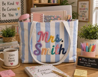 Gepersonaliseerde draagtas leraar naam, aangepaste cadeautas leraar, geschenk leraar waardering, eindejaarscadeau leraar, organisator klaslokaal