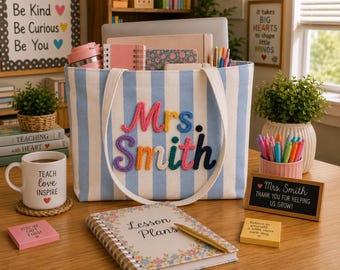 Borsa tote personalizzata con il nome dell'insegnante, borsa regalo personalizzata per insegnanti, regalo di ringraziamento per insegnanti, regalo di fine anno per insegnanti, borsa organizer per la classe