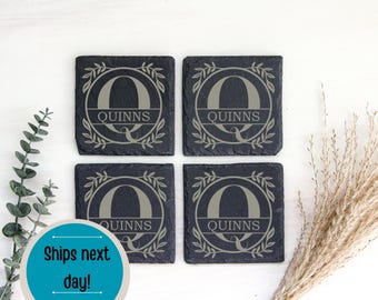 Set of 4 Slate Drink Coasters, Engraved Coasters, Custom Wedding Gift, Personalized Gift Set, Monogram Stone Coasters, Set of four