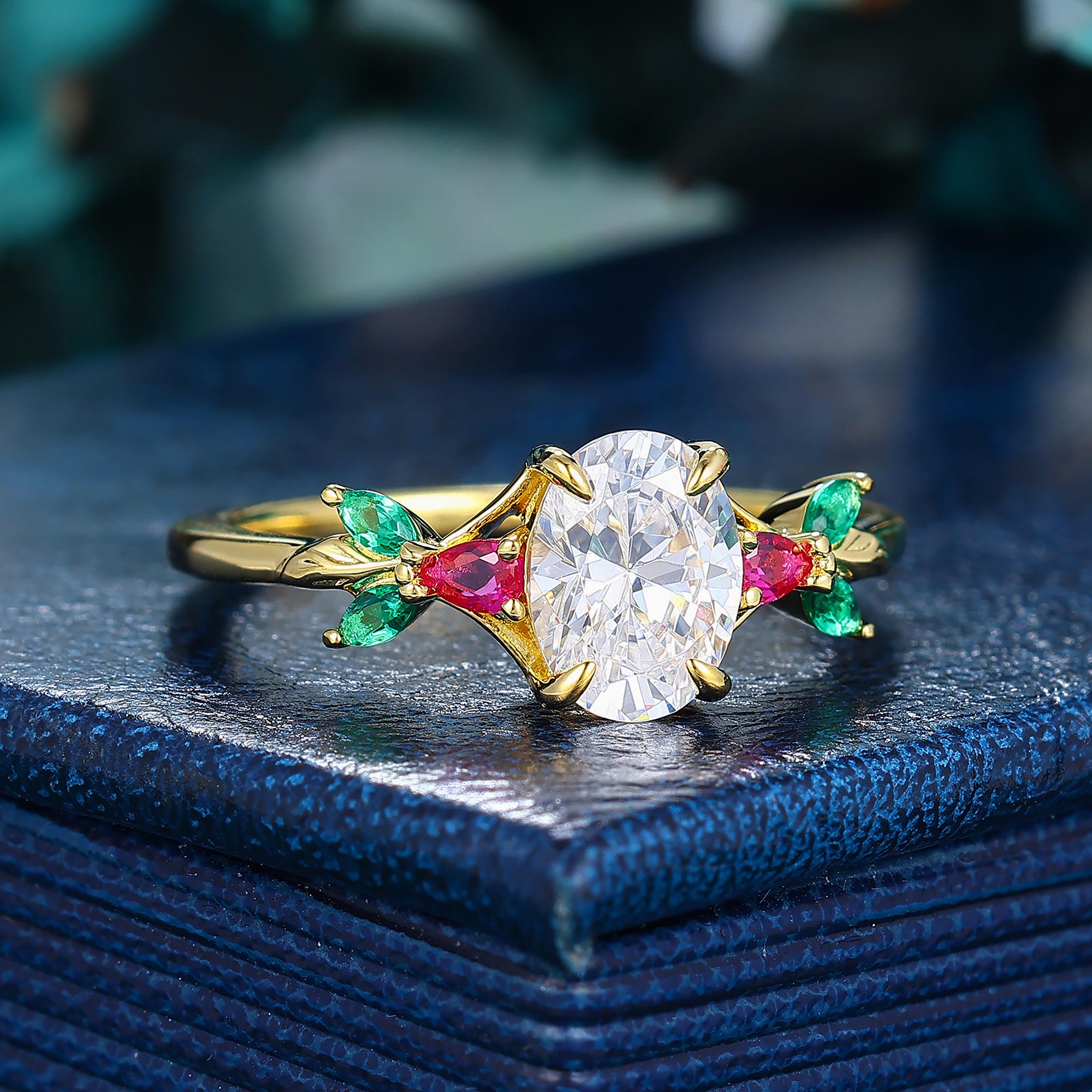 Leth Rings Unique Moissanite Engagement Ring Emerald Ruby Ring, 6x8mm Colorful ...