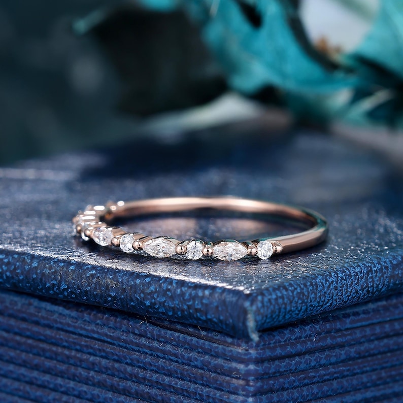 Art Deco Round Moissanite Wedding Ring Band Half Eternity Stacking ...