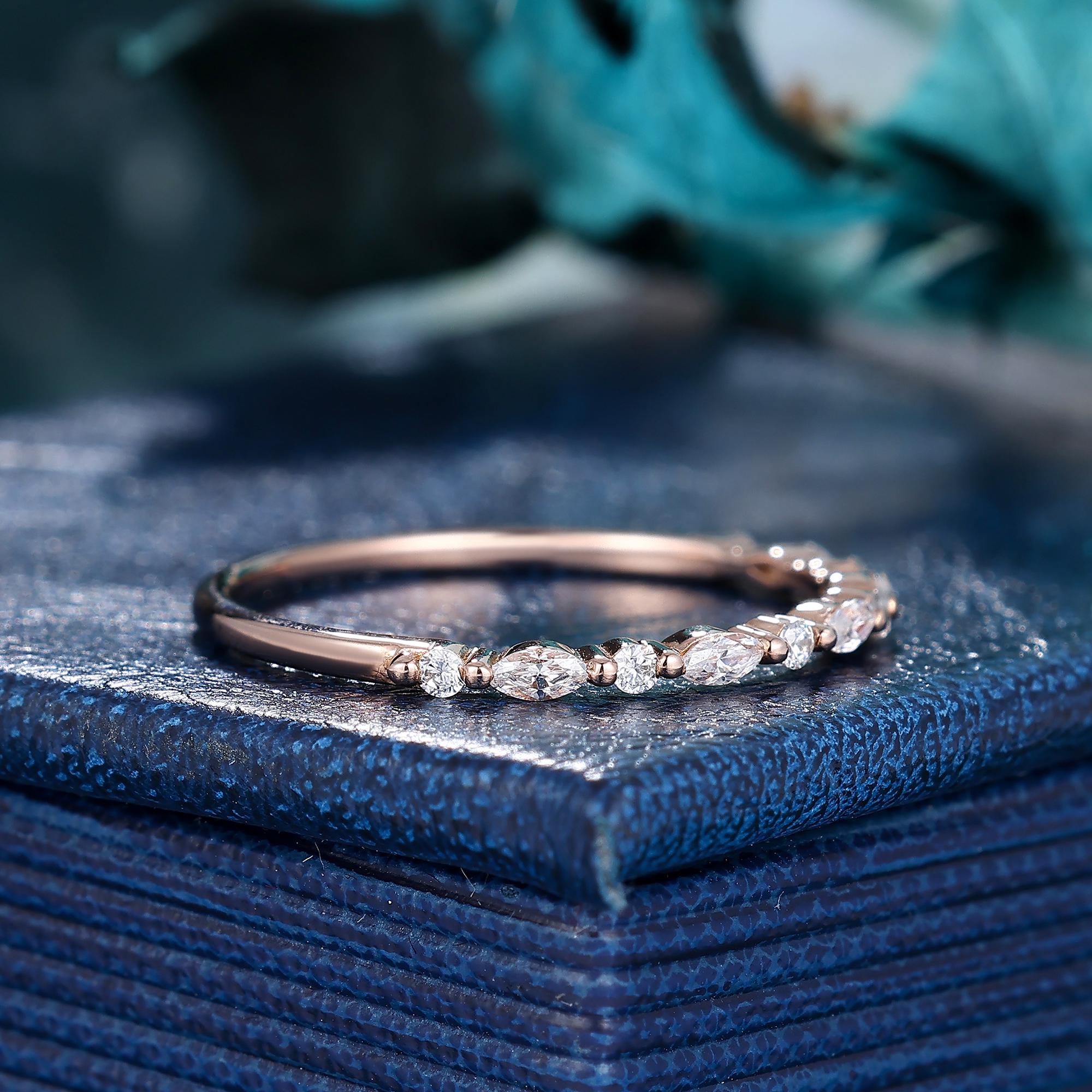 Art Deco Round Moissanite Wedding Ring Band Half Eternity Stacking ...