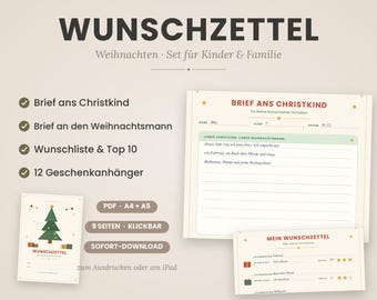 Op de afbeelding: Een digitale kerstverlanglijstset voor kinderen en gezinnen met sjablonen genaamd WUNSCHZETTEL, BRIEF ANS CHRISTKIND en MEIN WUNSCHZETTEL. De set bevat een brief aan het Christkind, de Kerstman, een verlanglijstje en twaalf cadeaulabels.