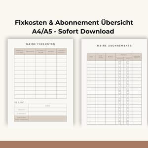 Puede incluir: Dos páginas de planificador imprimibles con el texto "Fixkosten & Abonnement Übersicht A4/A5 - Sofort Download". Las páginas son beige con un diseño de cuadrícula para el seguimiento de gastos y suscripciones.