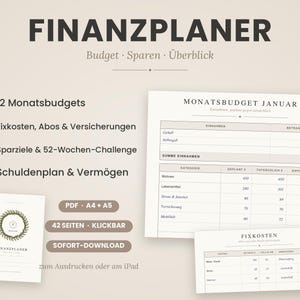 Könnte beinhalten: Eine digitale Finanzplaner-Vorlage mit einem Deckblatt inklusive Lorbeerkranz-Logo, einem Monatsbudget-Blatt und einer Fixkosten-Übersicht. Der Text umfasst FINANZPLANER, Budget, Sparen, Überblick, 12 Monatsbudgets, Fixkosten, Abos, Versicherungen, Sparziele, 52-Wochen-Challenge, Schuldenplan, Vermögen, PDF, A4, A5, 42 SEITEN, KLICKBAR, SOFORT-DOWNLOAD und Monatsbudget Januar.
