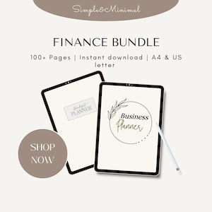 Könnte beinhalten: Digitales Finanzpaket mit dem Text "FINANCE BUNDLE" und "100+ Pages | Instant download | A4 & US letter". Das Bild zeigt zwei Tablets mit "Budget Planner" und "Business Planner" auf den Bildschirmen. Ein "SHOP NOW"-Button ist ebenfalls sichtbar.