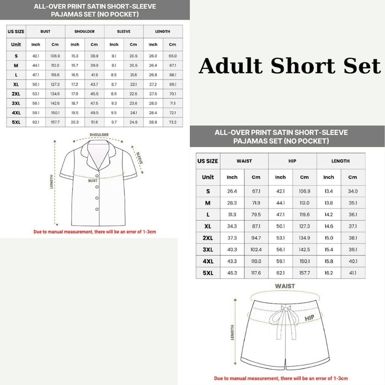 Puede incluir: Tablas de tallas detalladas para un conjunto de pijama corto para adultos, incluyendo medidas de busto, hombro, manga y largo en pulgadas y cm. El conjunto incluye una camiseta de manga corta y pantalones cortos, con medidas de cintura y cadera.