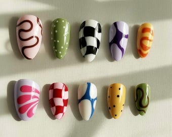 Colorful Press On Nails with Abstract Swirls, Checkerboard and Polka Dot Patterns, Reusable Handmade Nail Set Artistic Nail Lovers