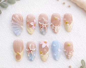 3D Ocean Beach Press On Nails Set, Starfish Shell Summer Nails, Hand Painted Mermaid Seashell Press On Nails, Cute Vacation Nail Art