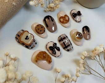 Cute Bakery Press On Nails Set – Handmade Dessert Theme False Nails with Cookies, Bows, Pretzels & Plaid, Reusable Kawaii Nail Art