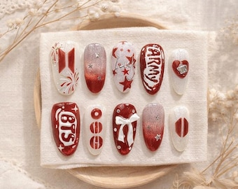 Uñas postizas Kpop rojas y blancas, set de uñas Kpop hechas a mano, uñas de gel con purpurina, uñas con estrellas, lindo arte de uñas coreano, uñas reutilizables