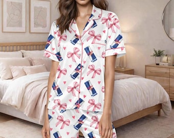 Cute Red Bull Print Women's Pajama Set with Pink Bows and Hearts – Short Sleeve Button Down Valentine Sleepwear for Girls and Women