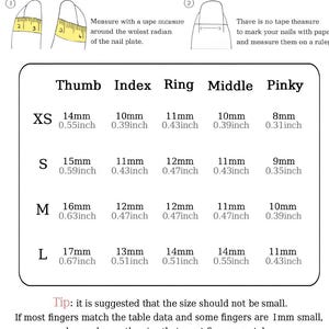 May include: A white graphic with instructions on how to measure for press-on nails. The chart shows nail sizes in inches and millimeters for thumb, index, ring, middle, and pinky fingers, ranging from XS to L.