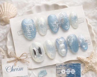 Uñas postizas azul océano, uñas de verano para la playa, hechas a mano, con estrellas de mar, perlas brillantes, uñas de sirena, set de uñas para vacaciones, reutilizables.