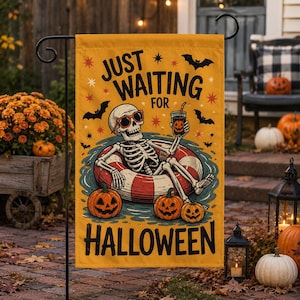 Just Waiting For Halloween Garden Flag, Summerween Skeleton Flag, Spooky Summer Decor, Halloween Pool Float Flag, Funny Halloween Flag