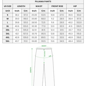 Puede incluir: Tabla de medidas para pantalones de pijama de sat&eacute;n con estampado integral, tallas S a 5XL. Las medidas est&aacute;n en pulgadas y cm para largo, cintura, tiro y cadera. Un diagrama ilustra los puntos de medici&oacute;n.