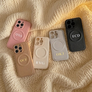 Personalized Magnetic Leather Case For iPhone 16 Pro Max 15 14 Pro 13 Monogram Engraved Leather Phone Cover for iPhone, Gift For Her