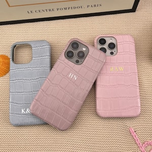 Personalized Initials Vegan Croc Leather iPhone Case For iPhone 16 15 14 13 12 11 Pro Max Plus Custom Monogram Gift For Her Him Bridesmaids