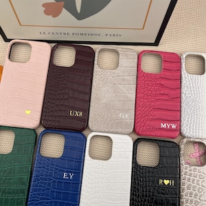 Halloween Personalized iPhone Case – Vegan Croc Leather Custom Initials Cover for iPhone 16 15 14 13 12 11 Pro Max, Spooky Monogram Gift