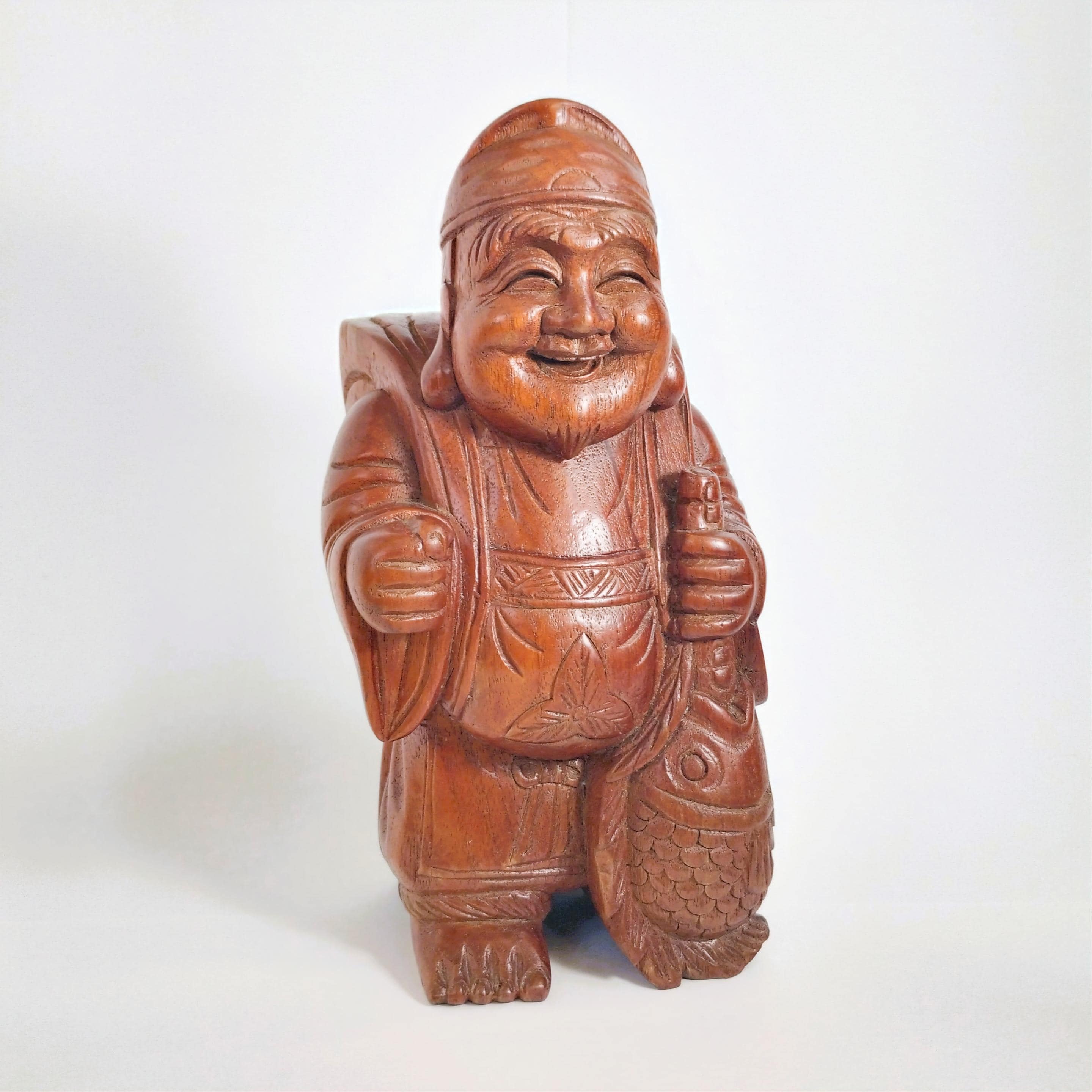 ヴィンテージ木彫り恵比寿像｜鯛を抱く日本の福の神｜幸運と繁栄の像