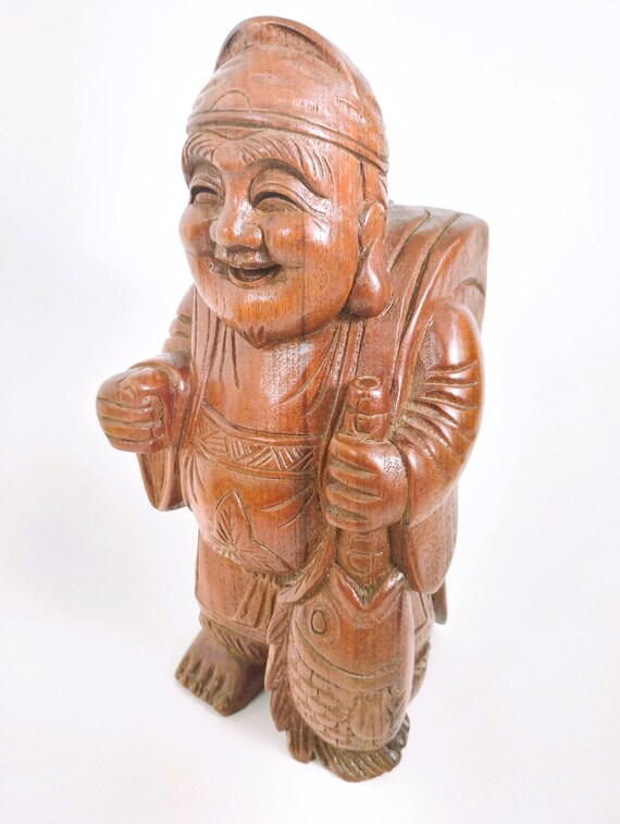 ヴィンテージ木彫り恵比寿像｜鯛を抱く日本の福の神｜幸運と繁栄の像