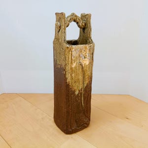 May include: A tall, rectangular ceramic vase with a handle. The vase is mainly brown with lighter tan and beige accents. The texture appears rough and organic, with a carved design on the side. The handle has a unique, arched shape.