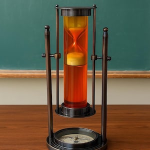 Könnte beinhalten: Eine Sanduhr im antiken Stil mit Kompassbasis. Die Sanduhr hat ein klares Glasrohr, das mit orangefarbenem Sand gefüllt ist und sich in einem bronzefarbenen Metallrahmen befindet. Der Kompass ist an der Basis sichtbar und trägt zur Vintage-Ästhetik bei.