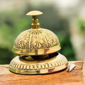 Vintage Embossed Table Desk Bell Shiny Brass Finish Bell Reception Hotel Table Bell Ornate Hotel Counter Desk Bell Solid Brass Bell Gifts