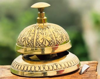 Vintage Embossed Brass Desk Bell, Art Deco Hotel Reception Bell
