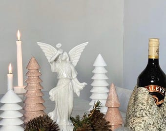 Handcrafted Archangel Michael Defeating Demon Statue – 30cm White Marble Angel Sculpture – Christian Home Decor Figurine