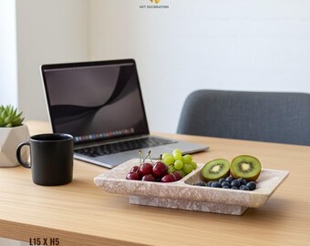 Two-Compartment Stone Tray • Pink Stone / Travertine / White Marble • Handmade Dual Serving Plate • Modern Minimal Tableware + Decor