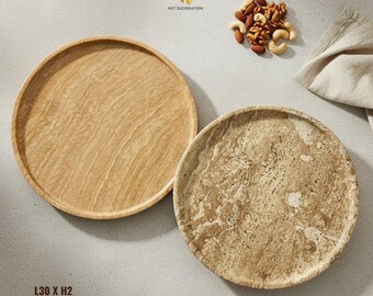 Flat Round Stone Plate • Brown Marble / Travertine • Natural Stone Serving & Decorative Tray • Hand-Carved Minimal Dish