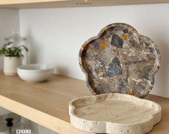 Plum Blossom Marble Plate • Yellow Marble / Travertine • Natural Stone Decorative Tray • Hand-Carved Flower Dish • Modern Home Decor