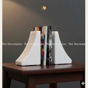 Marble Bookends – White Marble & Grey-Gold Stone | Natural Stone Bookends | Heavy Book Holder | Minimalist Modern Shelf Decor