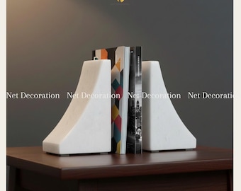Marble Bookends – White Marble & Grey-Gold Stone | Natural Stone Bookends | Heavy Book Holder | Minimalist Modern Shelf Decor