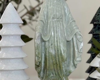 Hand-Carved Green Jade Virgin Mary Statue | Catholic Blessed Mother Figurine | Religious Home Altar Decor | Natural Stone Sculpture 12x30cm