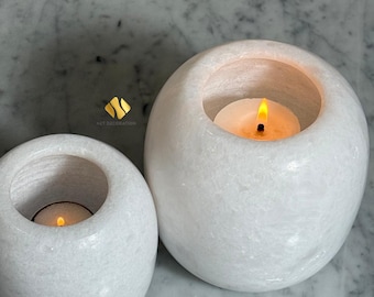 White Marble Candle Holder Set – 2 Sizes Round Stone Tealight Stands – Minimalist Home Decor – Natural Marble Gift – Luxury Table Accent
