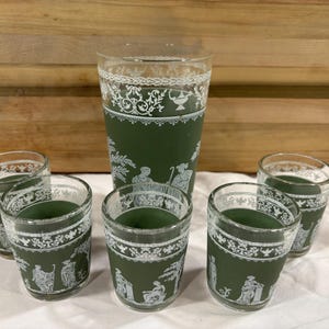 Vintage Wedgewood Hellenic Green Jasperware Jeanette Shot Glasses & High Ball Glass