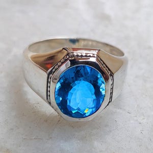 Natural Blue Topaz Ring, Solid 925 Sterling Silver Ring, Blue Topaz Gemstone Handmade Ring Jewelry, Gift for Him or Dad, Statement Jewelry
