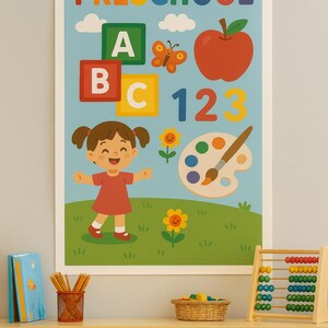 Preschool Learning Poster, Educational Wall Art, Kids Decor, Nursery Print, Classroom Decoration, Fun ABC 123 Design