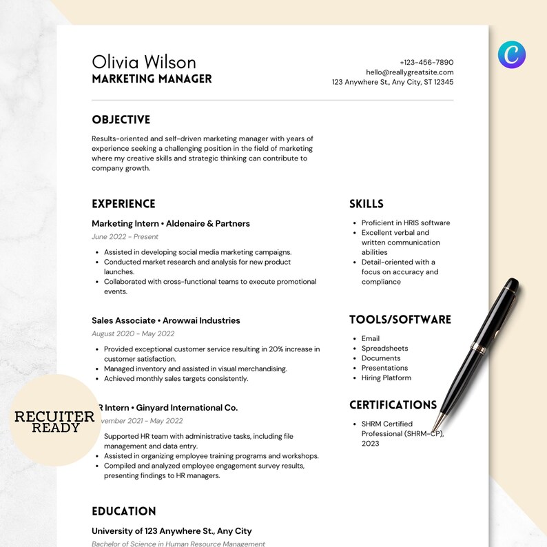 ATS Friendly Resume Template Canva, Simple CV Design (editable Digital